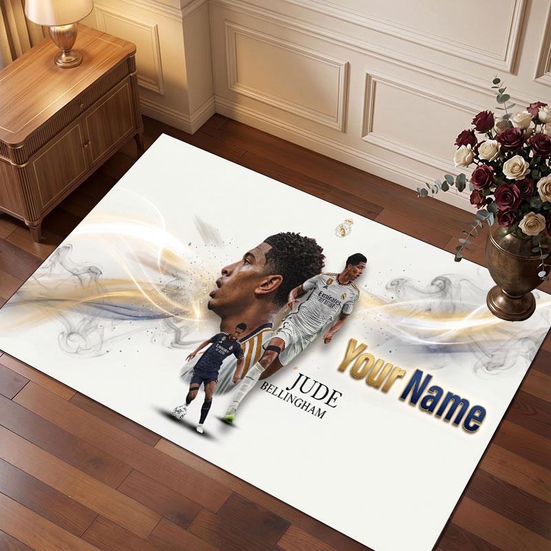 Jude Bellingham Custom Crystal Velvet Rug, Personalized Name Text Print, Football Logo Soft Non‑Slip Floor Mat Home Decor Gift