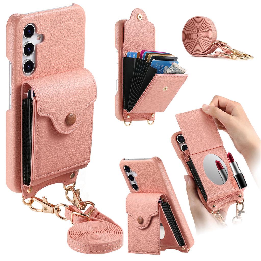 For Samsung Galaxy A16 5G/4G Case Mirror Card Holder Litchi Texture Leather Phone Back Cover with Long Strap