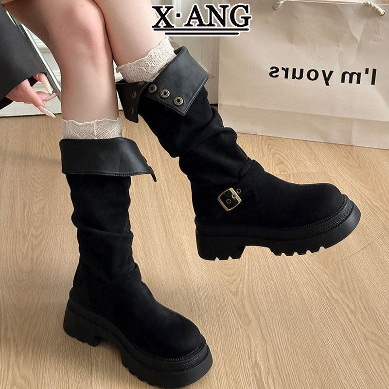 Cowhide Version Thick-soled Heightening Small Knight Boots But Knee Boots Children's High Boots Thick Heel Thin Cowboy Boots