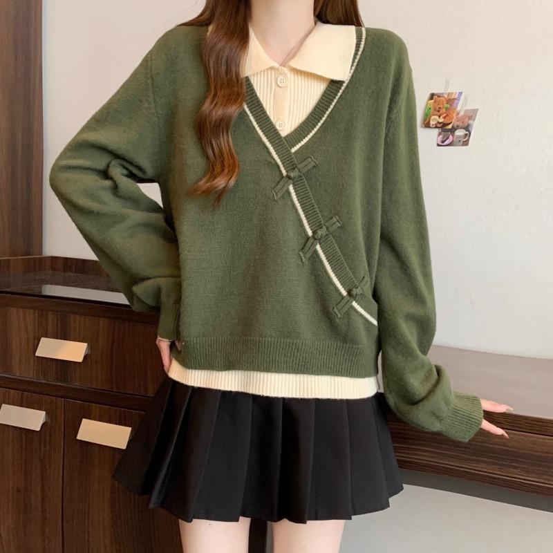 

Fake Two Piece Women s Pullovers Flip Collar Button Contrasting Color Ladies Short Knit Sweater Autumn Fashion Casual Famale Long Sleeved Top XL зелений