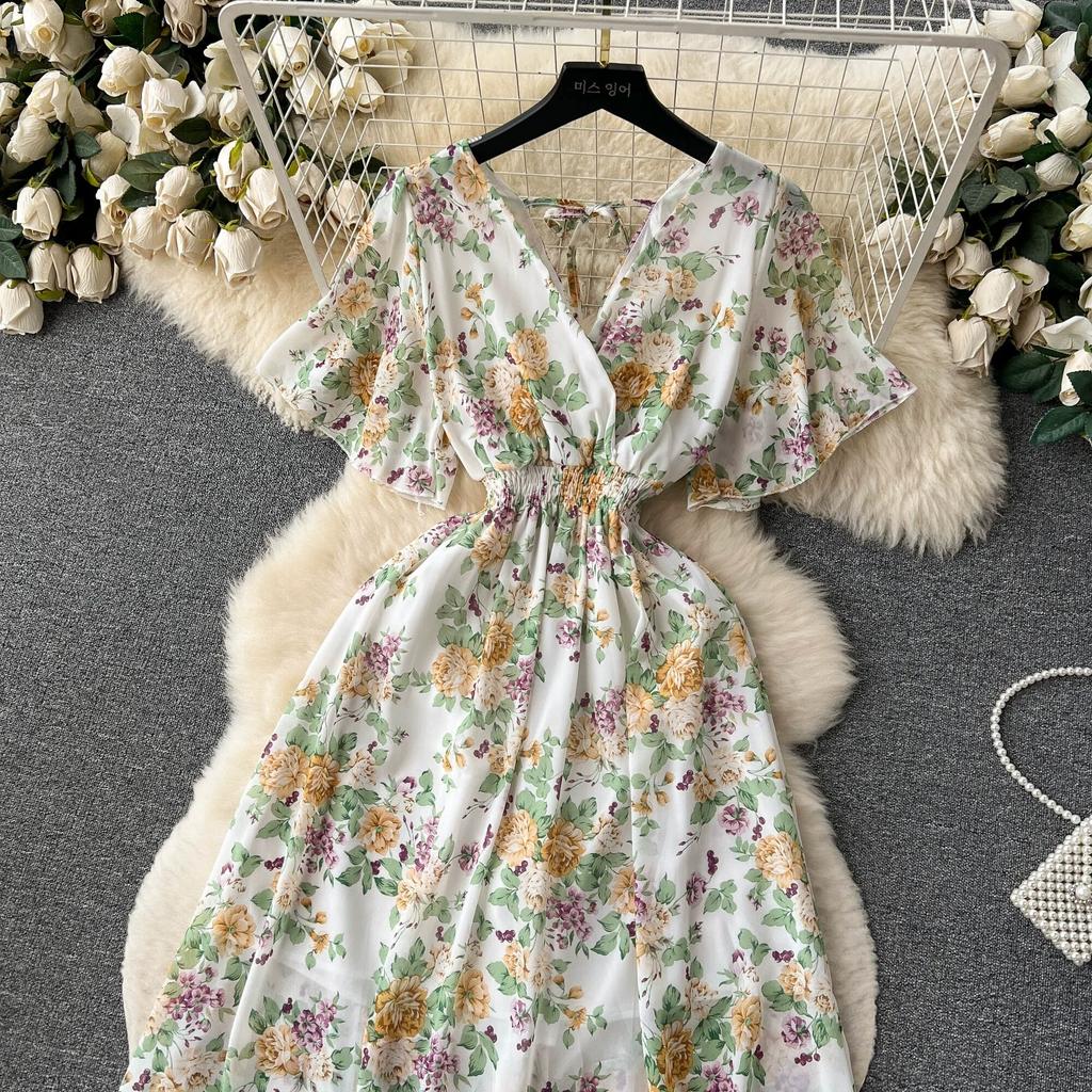 Abito Chiffon Stampato Sle Vacanza al Mare Donna Estate Nuovo Scollo a V Aderente in Vita Snellente Lunghezza Media Ampia Gonna a Ruota Moda