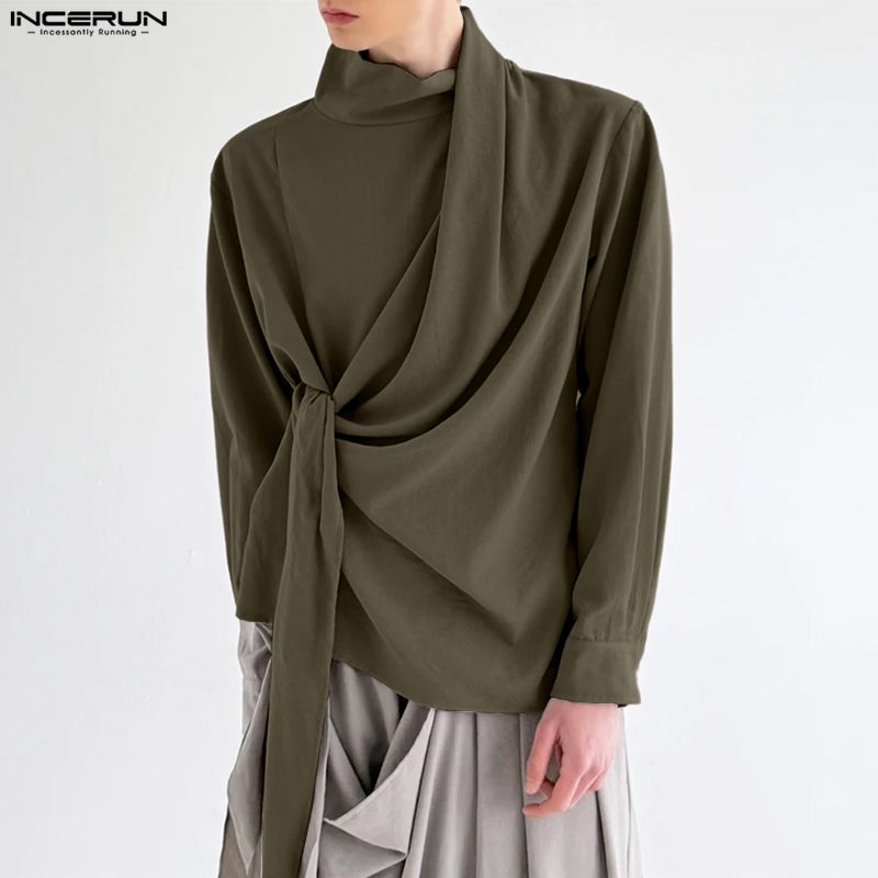 INCERUN Oversized Men Casual High Neck Long Sleeve Side Twisted Shirts Tops