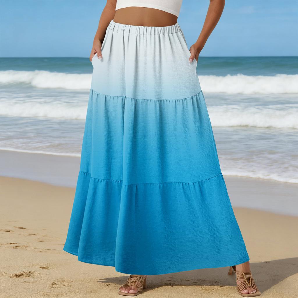 Women's Casual High Waist Drawstring A-line Skirt Color Skirt With Pockets