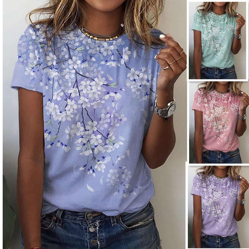 Summer Round Neck 3D Floral Pattern Printed Top Fashionable Casual Short Sleeved Women's T-shirts