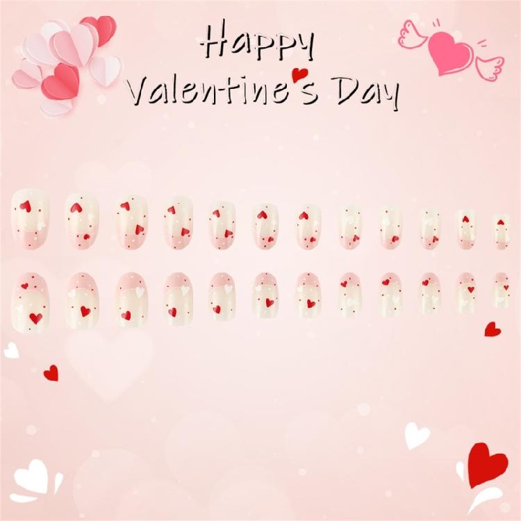 24 Stück Valentinstag Press-On-Nägel Herz Künstlicher Nagel Französische Spitze Falscher Nagel Kurz Oval Aufkleb-Nagel für Party