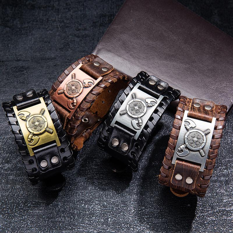 Trendy Totem Design Nordic Double Axe Irish Cross Bracelet Leather Woven Men's Bracelet Viking Accessorie Genuine leather jewelr