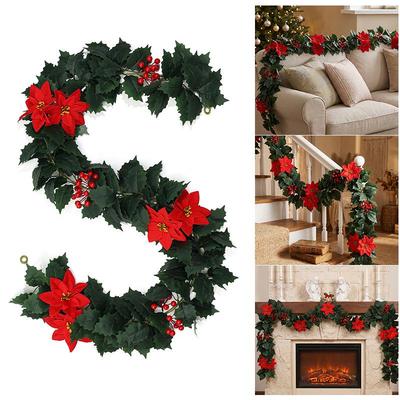 European & American Christmas Poinsettia and Holly Red Berry Vine Artificial Greenery for Home & Holiday Décor