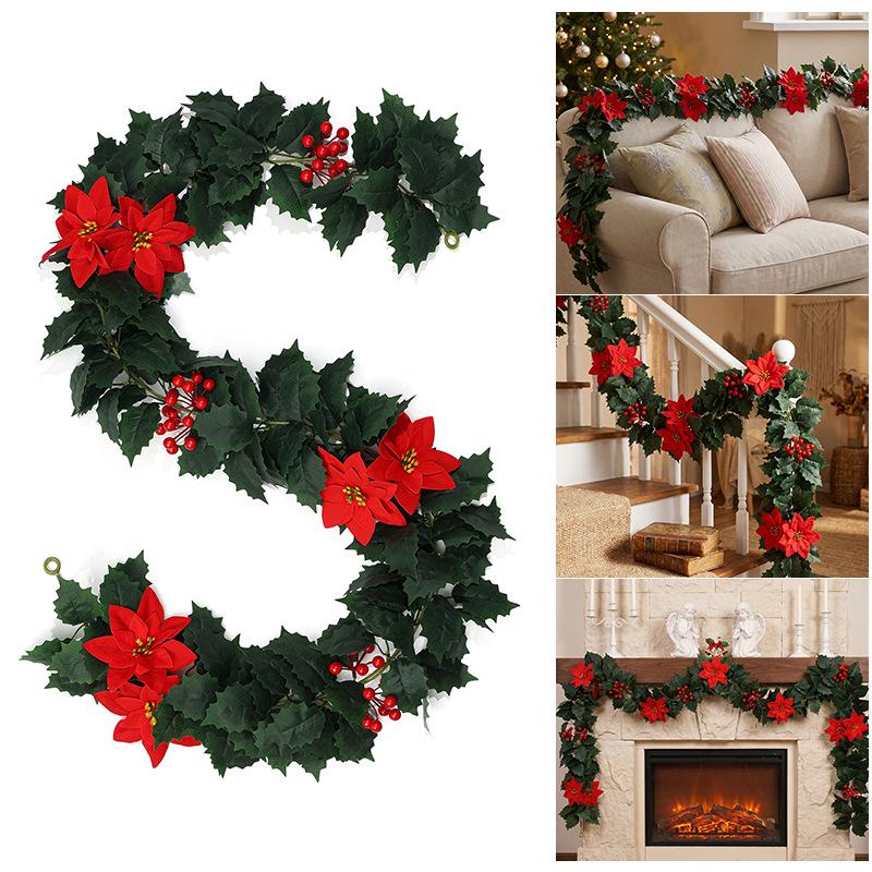 European & American Christmas Poinsettia and Holly Red Berry Vine Artificial Greenery for Home & Holiday Décor