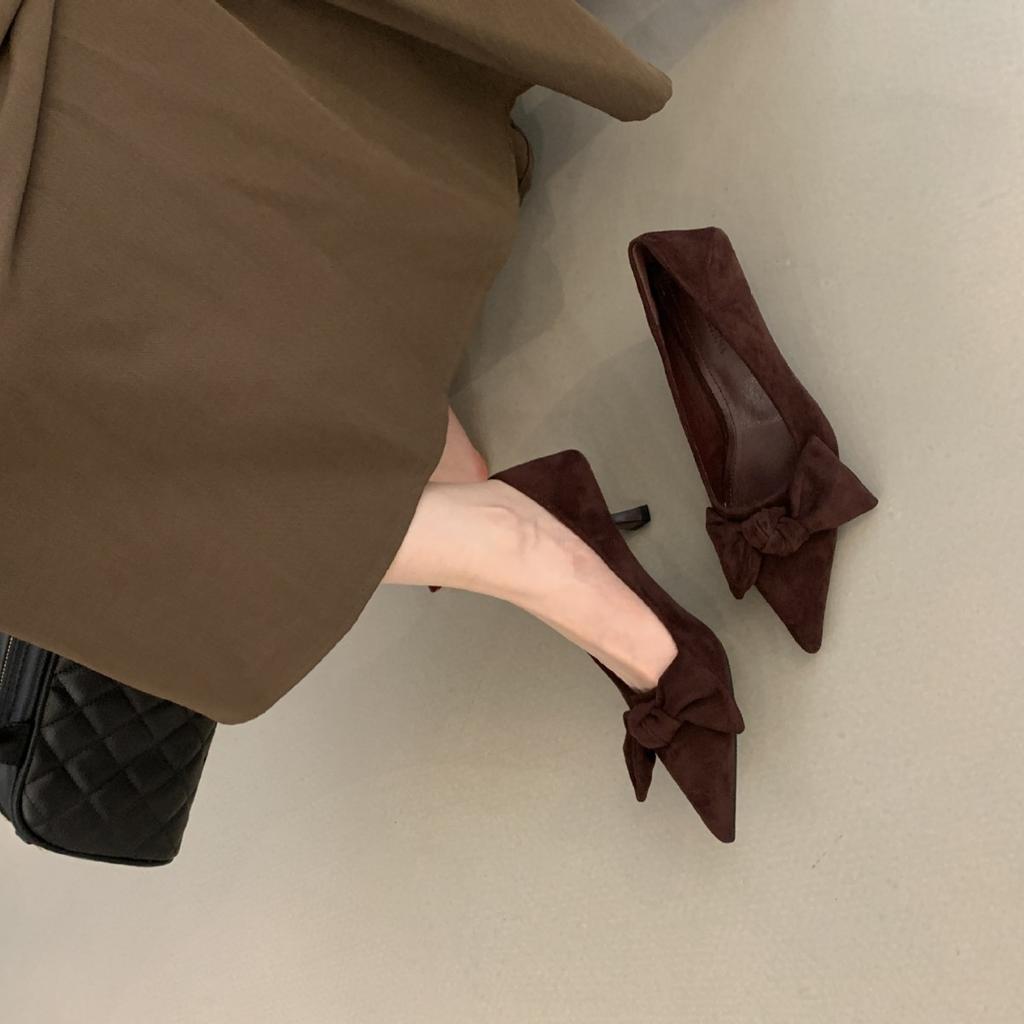 2025 New Autumn and Winter Suede Bow Thin Heel Shallow Mouth Foot Cover Versatile Women's Single Shoes