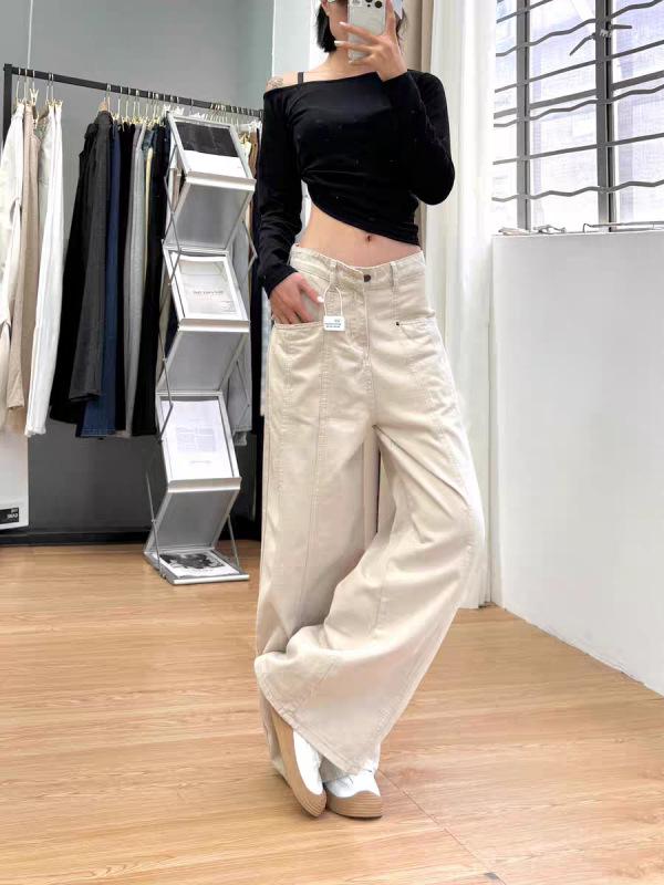 

Petite Off-White Wide-Leg Women s Streetwear Jeans - Casual Loose Fit, Floor-Length Pants L брудно-білий