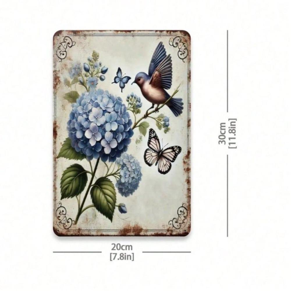 Retro Metal Sign Hydrangea Bird Butterfly Wall Art Home Decor