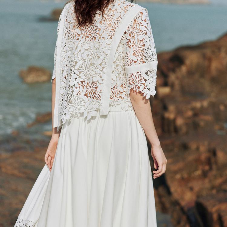 Elle Hollow Out Lace Design Short Sleeve Shirt Women shirts White EC50826