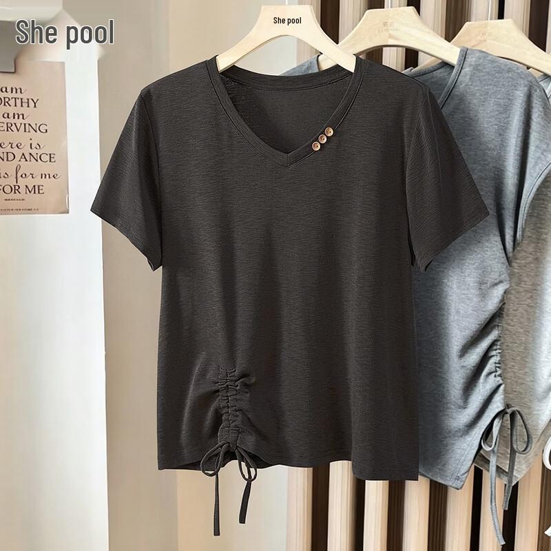 Women s V-Neck Pleated Irregular Hem T-Shirt M