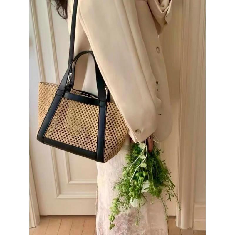 Womens 2025 Woven Straw Tote Bag Large Capacity Shoulder Minimalist Chic Design Soft PU Interior Casual Travel Use