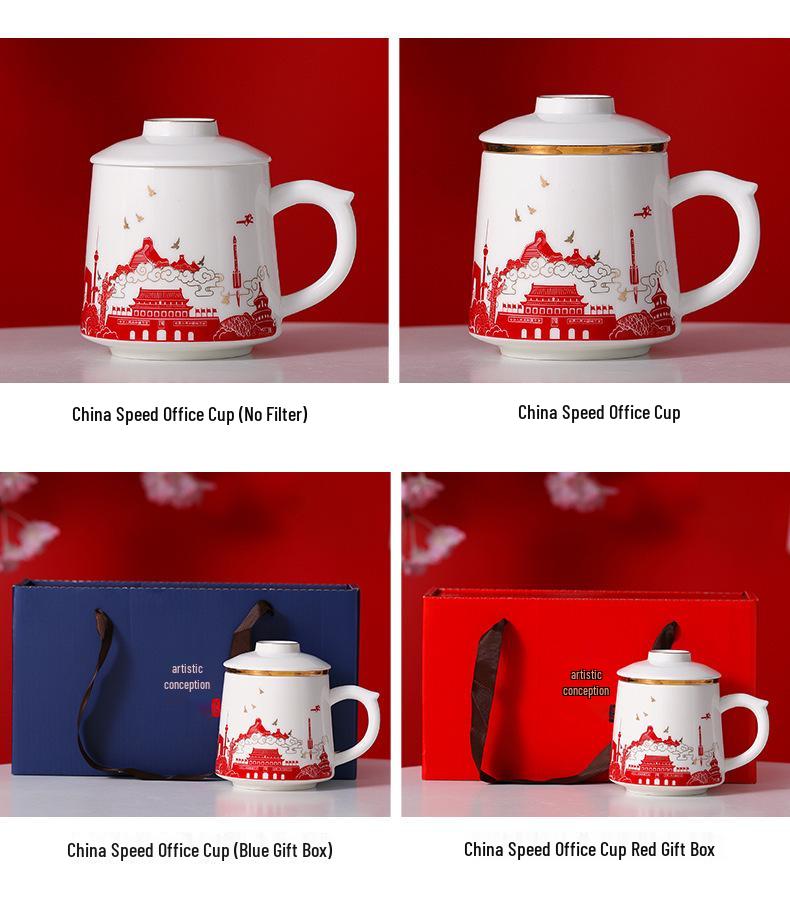 Chinese Style Ceramic Tea Cup with Lid, Filter, and Logo