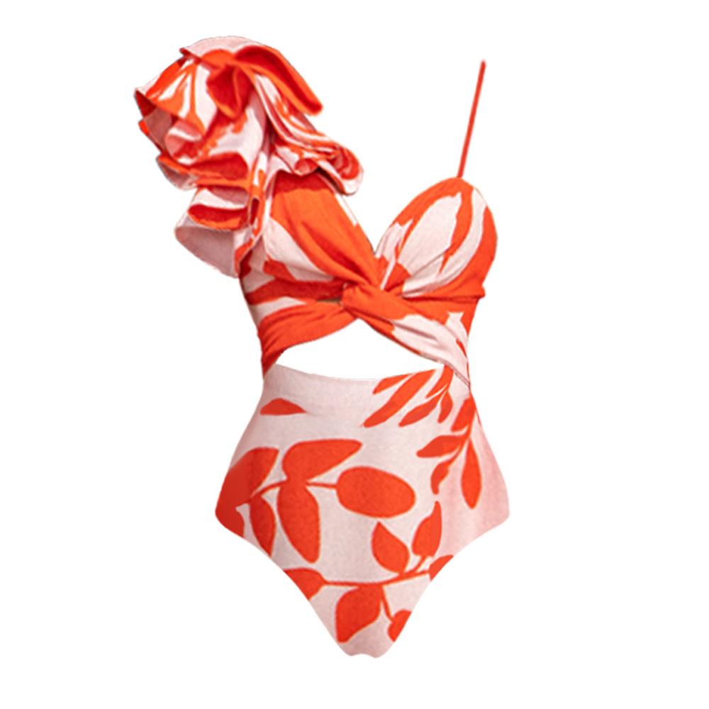 Women Swimsuit One Piece One Shoulder Ruffle Printed Vacation Beachwear Luxury Bathing Suit Bikini Set Swimwear 2024 Summer