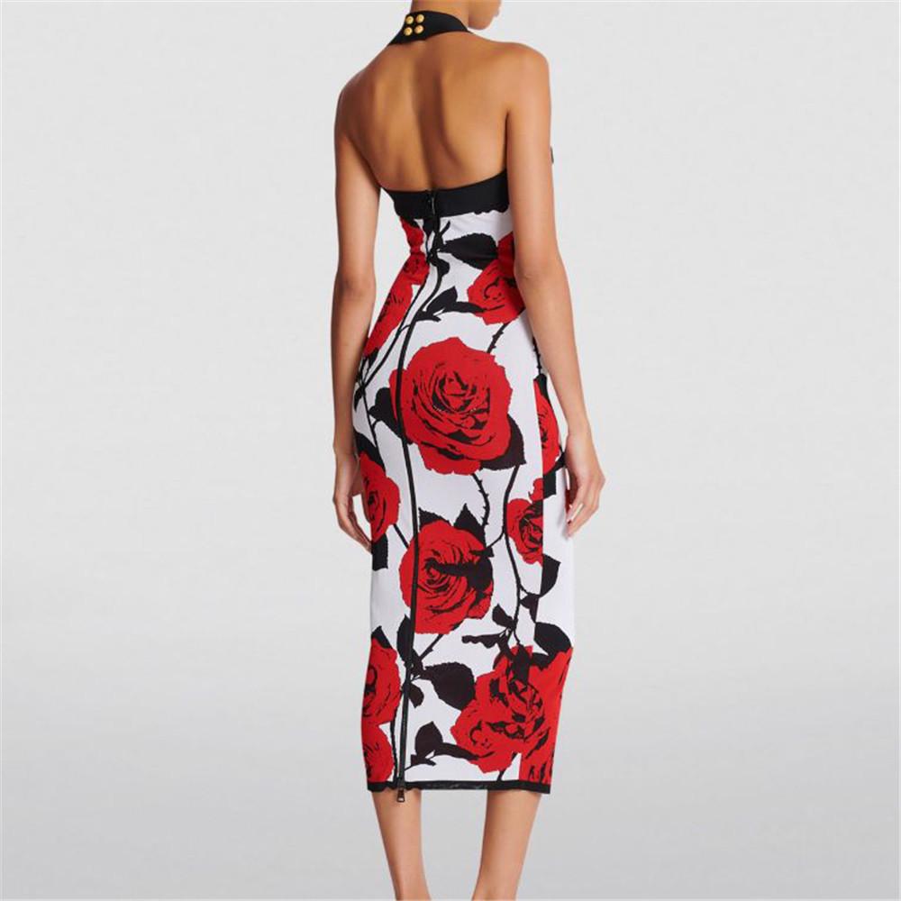 2024 Rose Jacquard Bandage Skirt: Sexy Halter Neck Dress with Gold Buttons