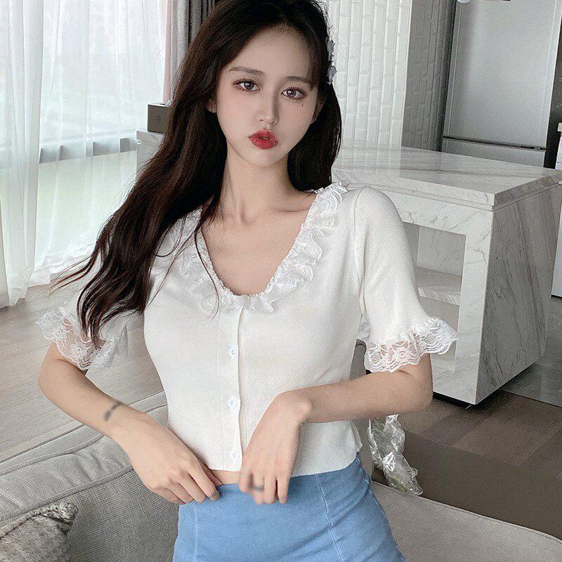 Women's T-Shirts Loose Lace Stitching V 