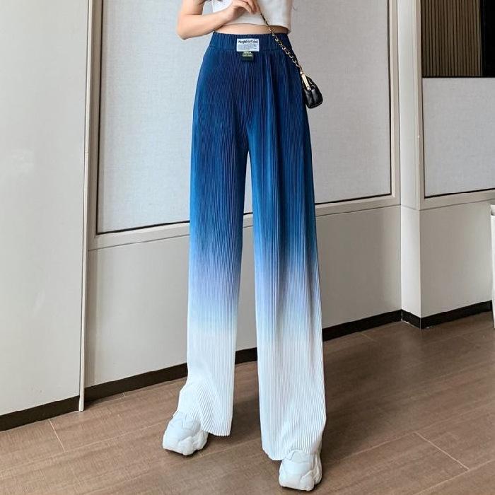 Korean Style Women's Three-Color Gradient Pleated Wide-Leg High-Waisted Floor-Length Pants