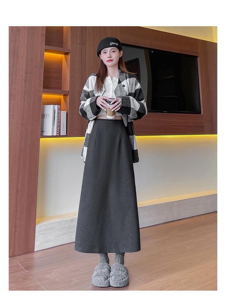 Khaki Wool High-Waist Slimming Midi Skirt for Women - A-Line, Hip-Hugging, Spring/Autumn 2026