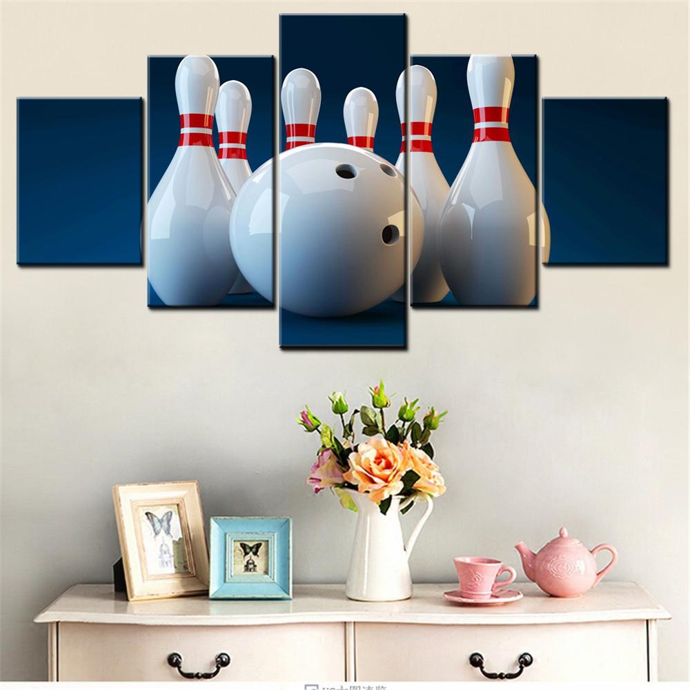 5 Pieces Canvas Wall Arts Poster Painting Sports White Bowling Pins Wallpaper Home Decor Picture Printing For Living Room Arts