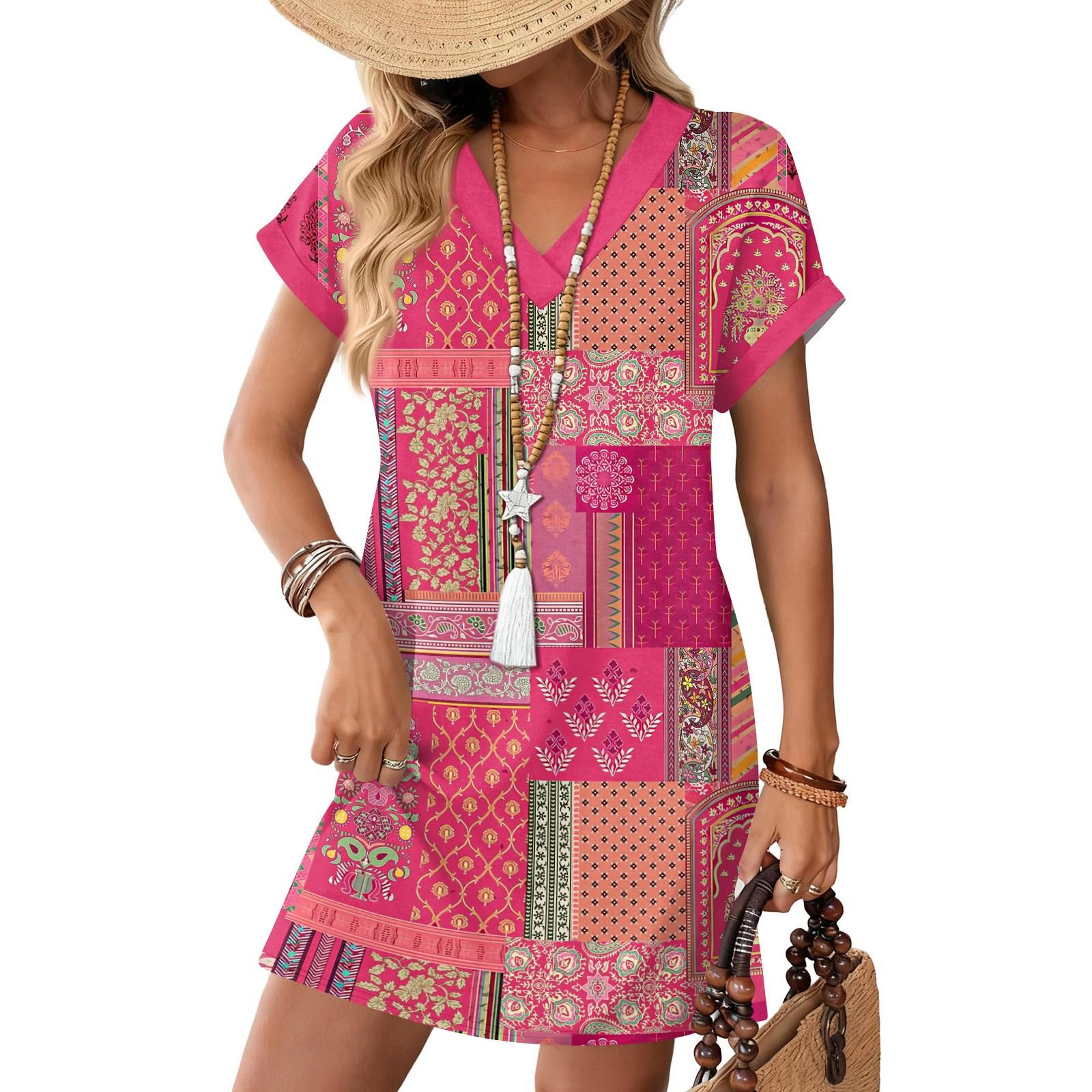 

Women s Fashion Print V-Neck Short Sleeve Pocket Casual Pullover Dress XXXL