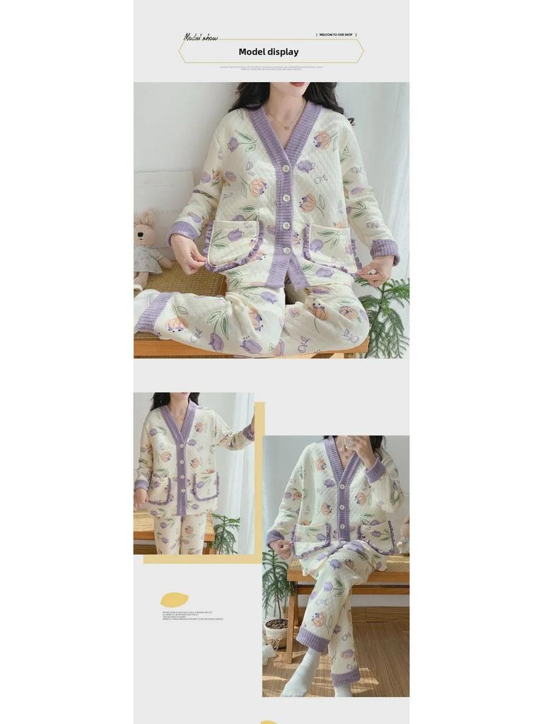 Damen Cartoon Baumwollpyjama Set - Warm und stilvoll für Herbst/Winter