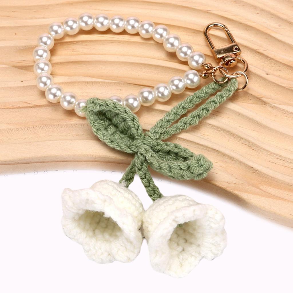 Handmade Lily of the Valley Crochet Keychain with Pearls Soft Yarn Texture Fashion Key Holder Suitable for Bags and Keys