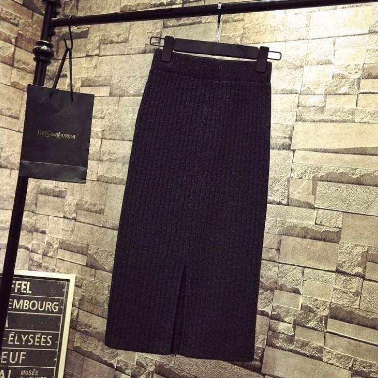 Damen Strick-Midirock, Langer Bodycon-Rock, Schlitz hinten