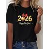 Glückliches Neues Jahr Grafikdruck T-Shirt, Kurzarm Rundhals Lässiges Oberteil für Sommer & Frühling, Damenbekleidung