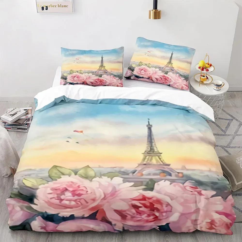 Eiffel Tower Duvet Cover Set King Size Vintage Beautiful World Famous Building Sakura Twin Polyester Bedding Set for Kids Girls