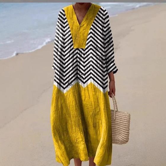 Fashion Vacation Style V-Neck Long Sleeve Printed Loose Beach Dress Women's Stylish Color Block Design Long Dress