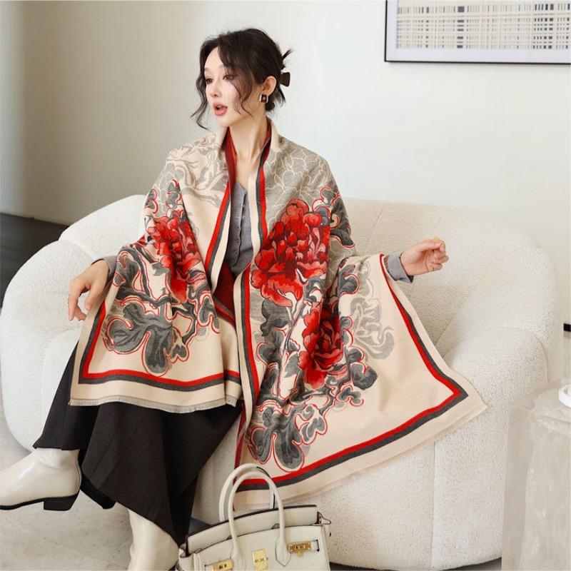 

Peony scarf women s winter double-sided jacquard shawl warm and thickened outer cover photo wear scarf versatile model 190cm