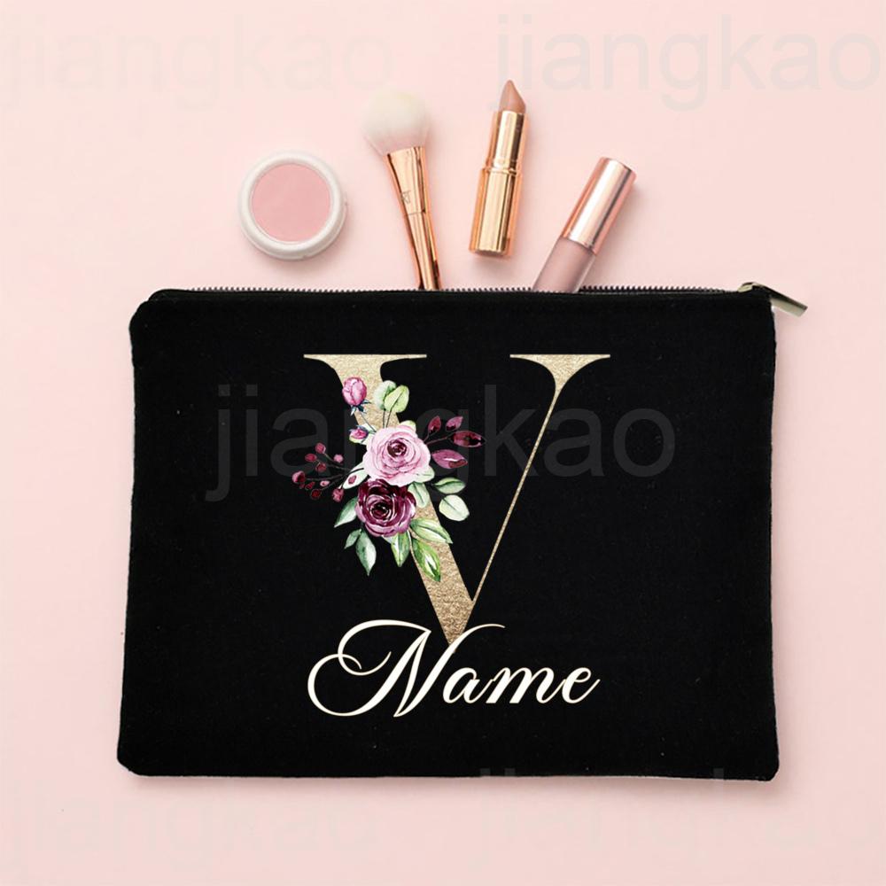 Personalised Letter with Name Makeup Bag Bridal Cosmetic Case Canvas Monogram Toiletry Bags Birthday Wedding Bridesmaid Gifts