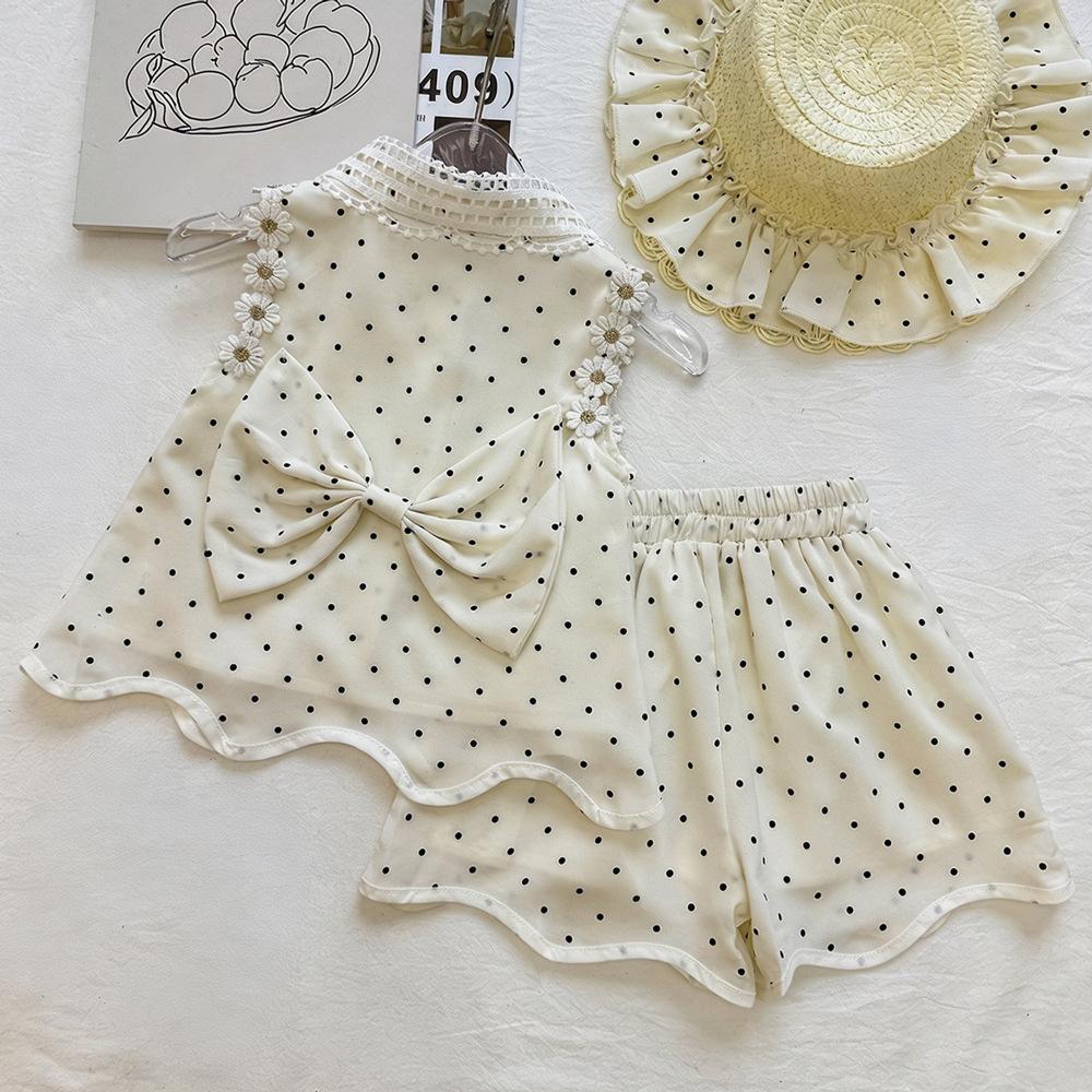 Girls Summer Polka Dot Sleeveless Top And Shorts Set Hollow Lace Collar Shirt Two Piece Outfit For Kids