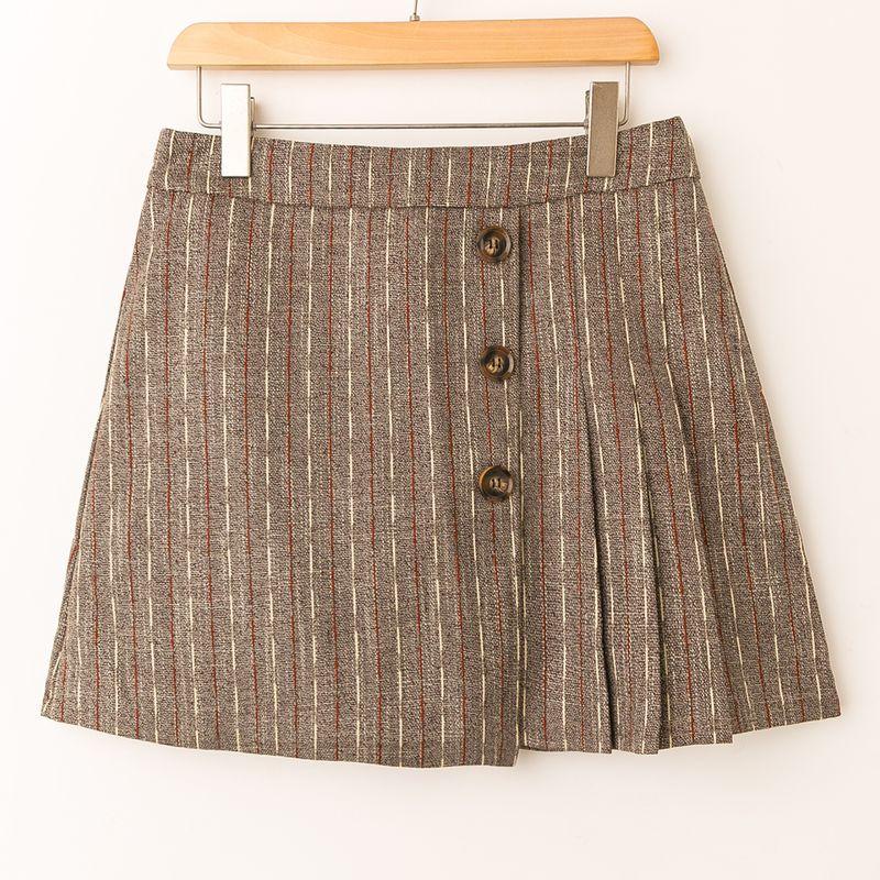 

Весна и Осень Экспортный K-стиль Новое поступление Омолаживающий Живой Молодежный Популярность Красивая Юбка на трех пуговицах Coffee Mixed Color Stripes L