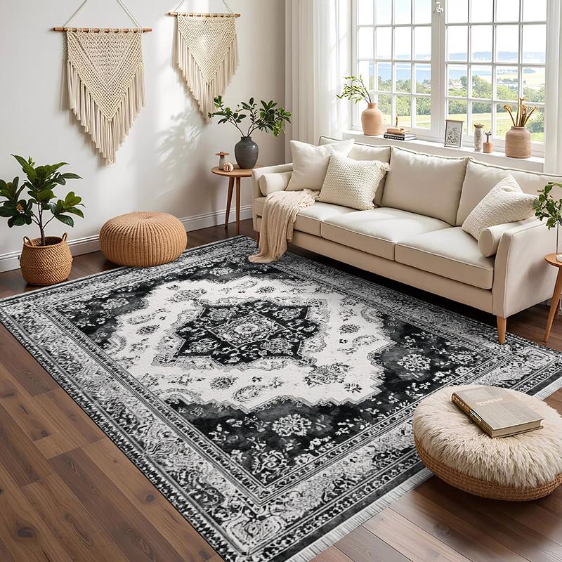 RAKKS Black Grey Mandala Velvet Large Area Rugs,Stain Resistant Anti Slip Backing for Living Room,Bedroom,Vintage Home Decor
