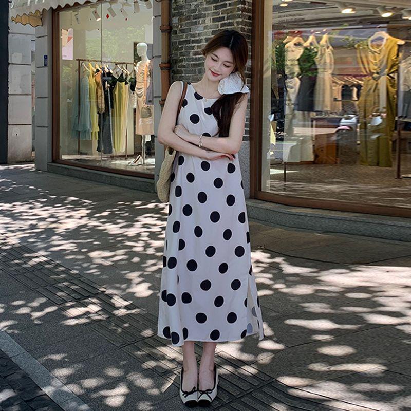 

Платье макси без рукавов в французский горошек большого размера - Свободное, стройнящее, с открытой спиной, стиль для летнего отпуска XL белый