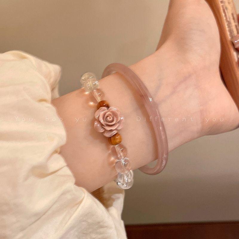 10 Pink Mist Roses, Flower Beaded Bracelet Set, Women's High Sense Summer Bracelet Temperament Versatile Graduation