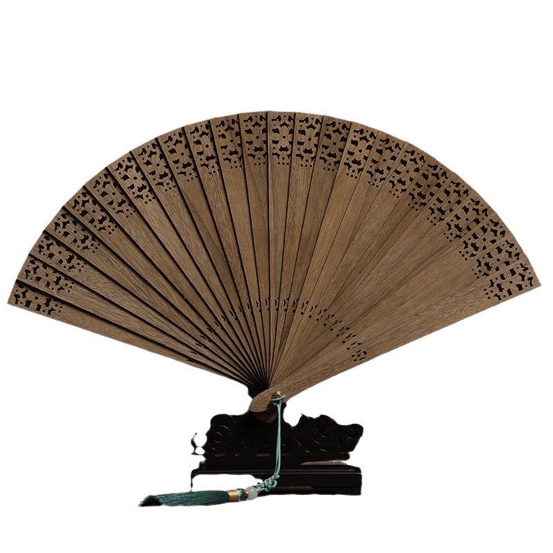 Golden Silk Nanmu Small Daisy Folding Fan: Solid Wood Hollow Design, Summer Cooling, Intangible Cultural Heritage Gift Set