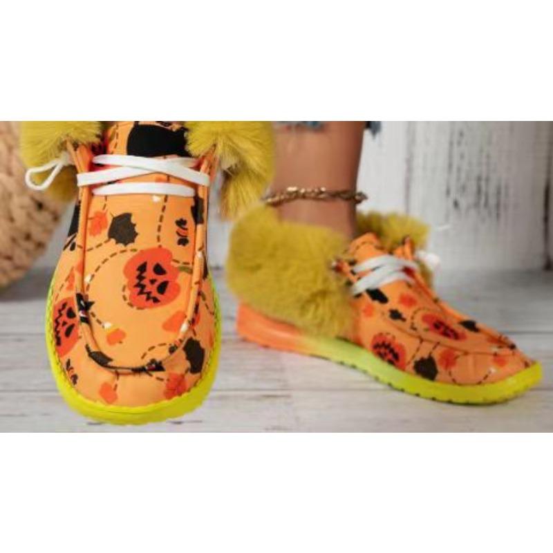 

Новые хлопковые туфли большого размера женские с принтом тыквы и привидения, повседневные туфли на плоской подошве, осень и зима 43