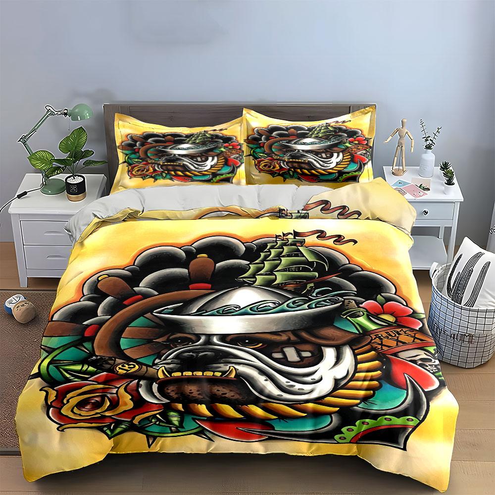 Bulldog, ship, and roses. Bedding sets Duvet cover sets Duvet covers Pillowcases(1 * Duvet Cover 2 * Pillowcases without duvet insert)