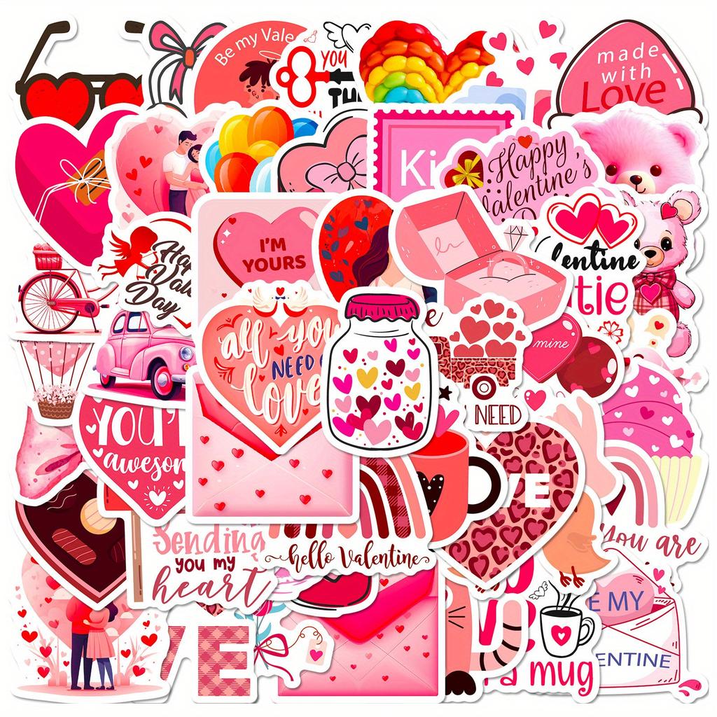 50pcs Vinyl Cartoon Love Decals, Reusable, Self-Adhesive, Romantic Valentine'S Day Themed, for Stationery, Laptops,Water Bottles