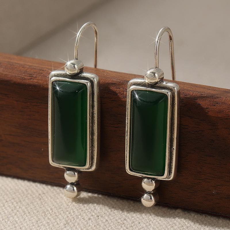 Vintage Synthetic Turquoise Silvery Plated Pendant Earrings Women's Ethnic Style Versatile Festival Commemorative Gifts