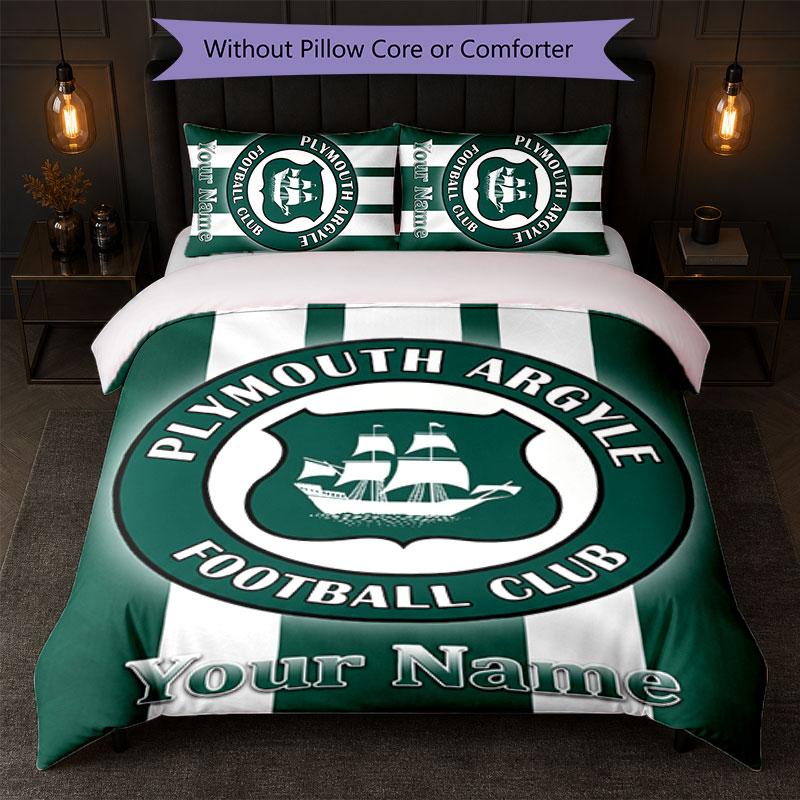 Plymouth Argyle FC Custom Name Text Bedding Set 1 Duvet Cover+2 Pillowcases Soccer Logo Personalized Gift For Special Occasion Bedroom Decor