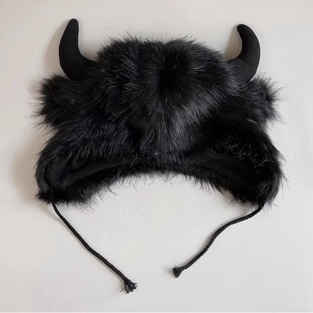 Solid Color Demon Ear Protection Hat Fur Trim Winter Pullover Cap Fashion Lei Feng Cap Riding