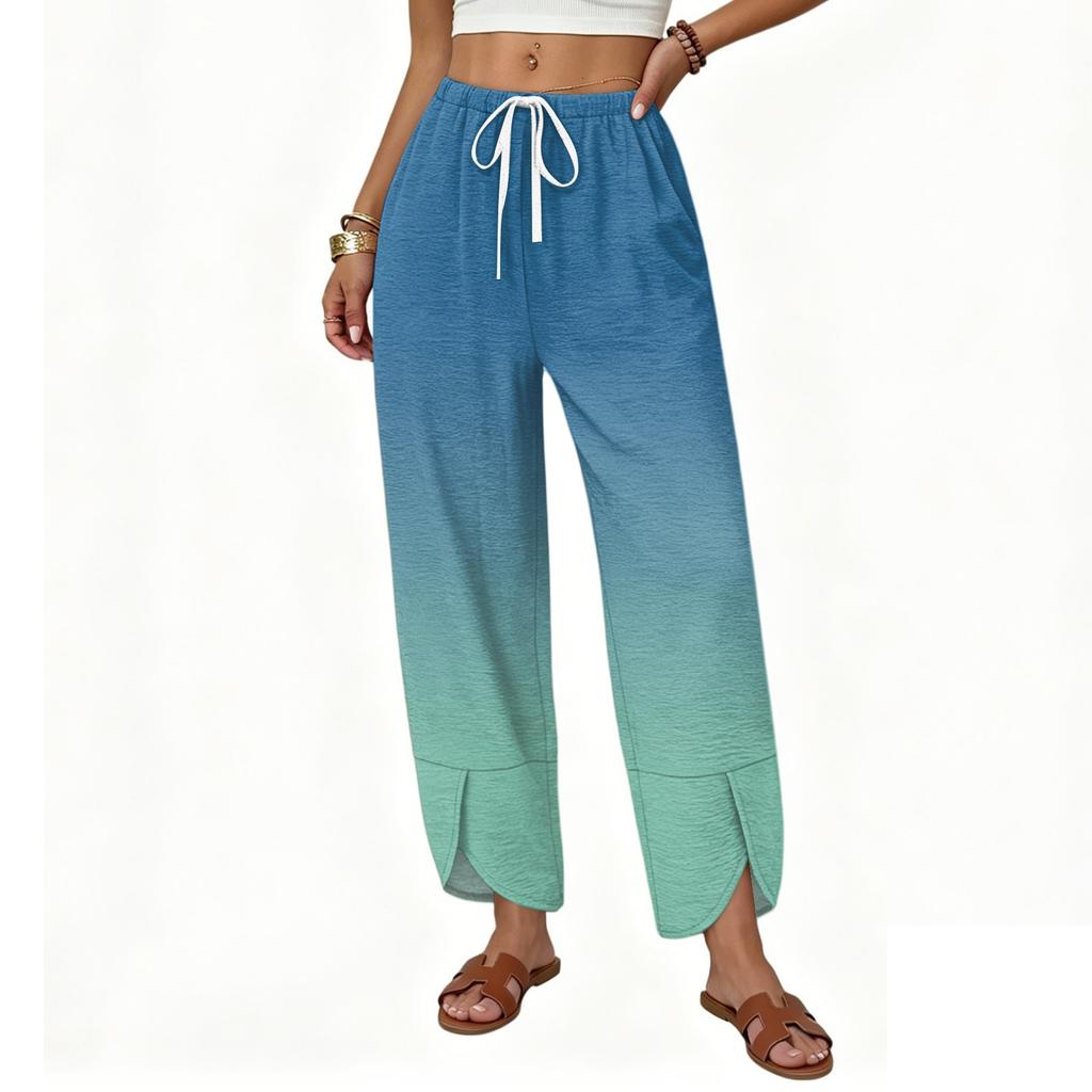 Women’s Casual Loose Straight Wide Leg Pants with Drawstring Waist and Printed Pattern Long Trousers for Everyday Wear