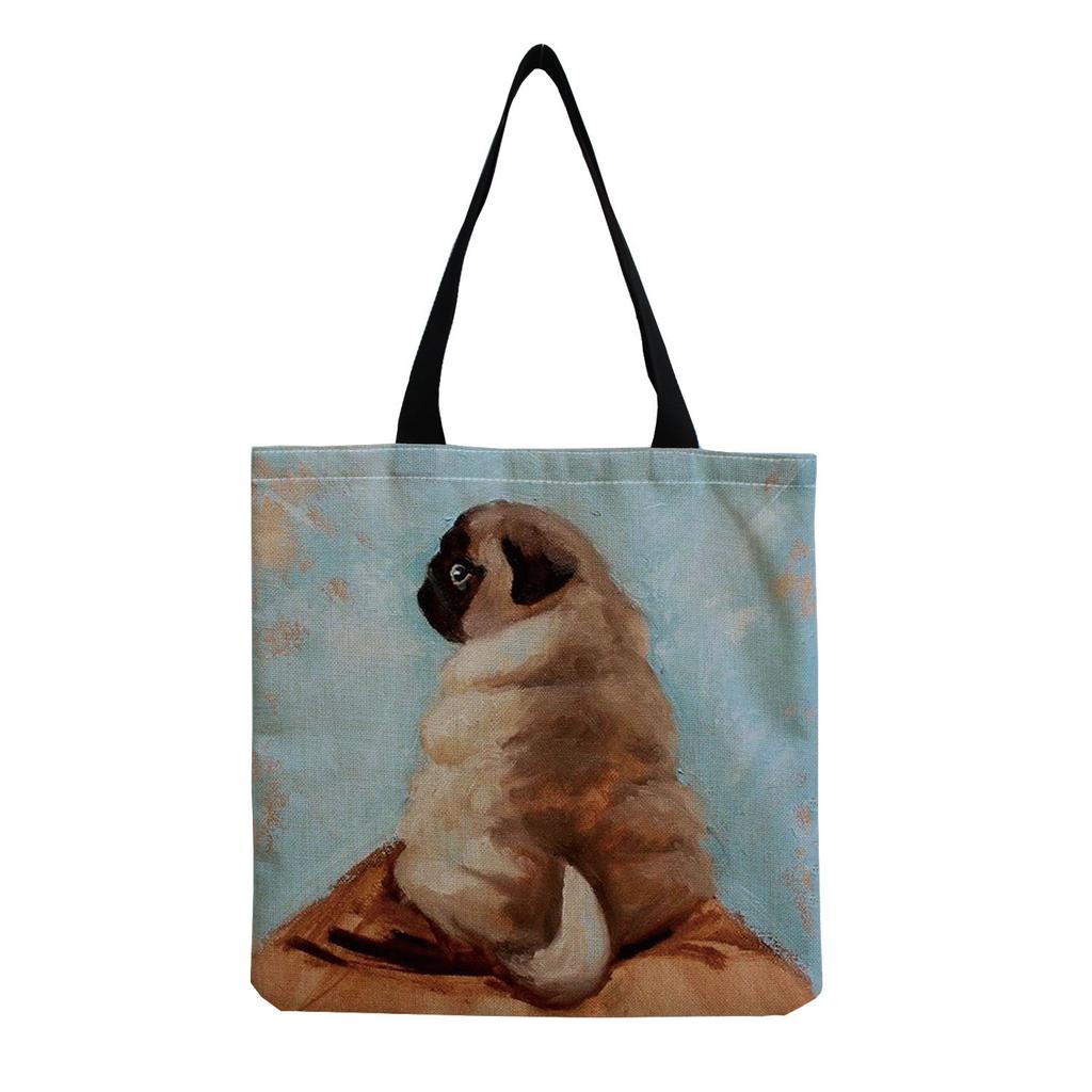 Women Vintage Linen Tote Bag - Large Capacity Dog Print Shoulder Handbag for Casual & Grocery Shopping KTB