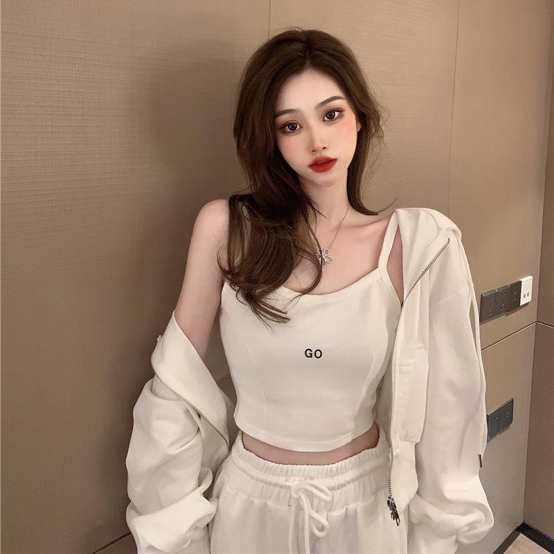 2024 Spring Hong Kong Style Women's Casual Three-Piece Sportswear Set: Long Pants, Zipper Hoodie, Camisole.