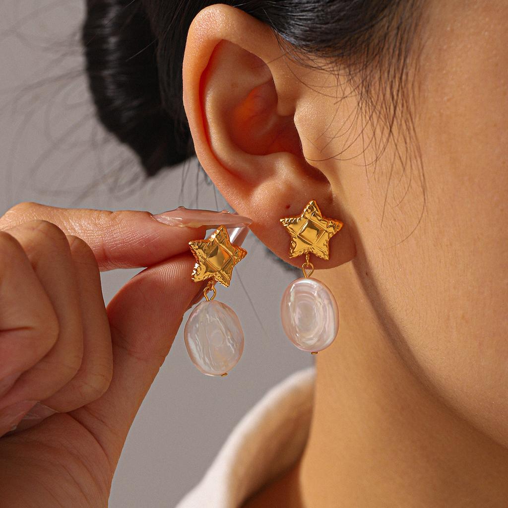 50/2000 French Vintage Star Earrings, Fashionable Versatile Pearl Tassel Studs, Titanium Steel Drop Earrings